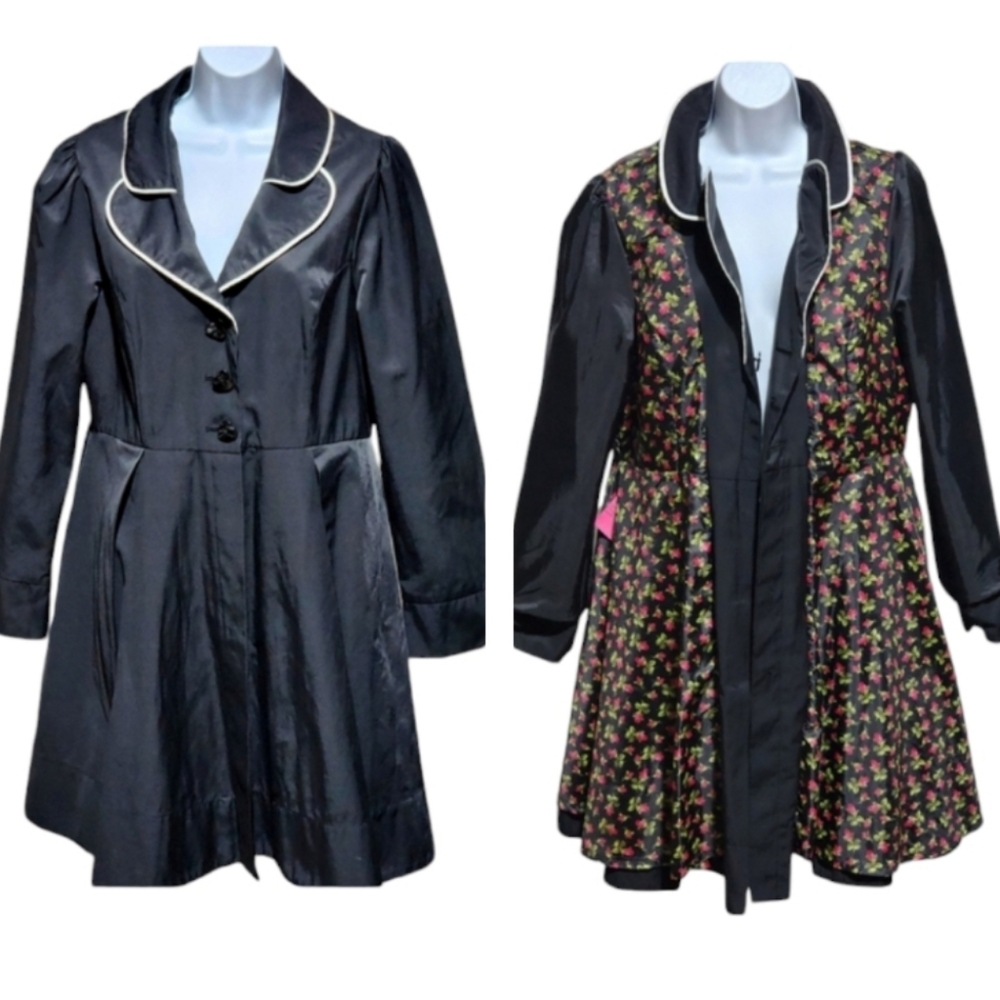 Betsey Johnson Black Bow Buttoned Floral Inner Coat Peacoat XL